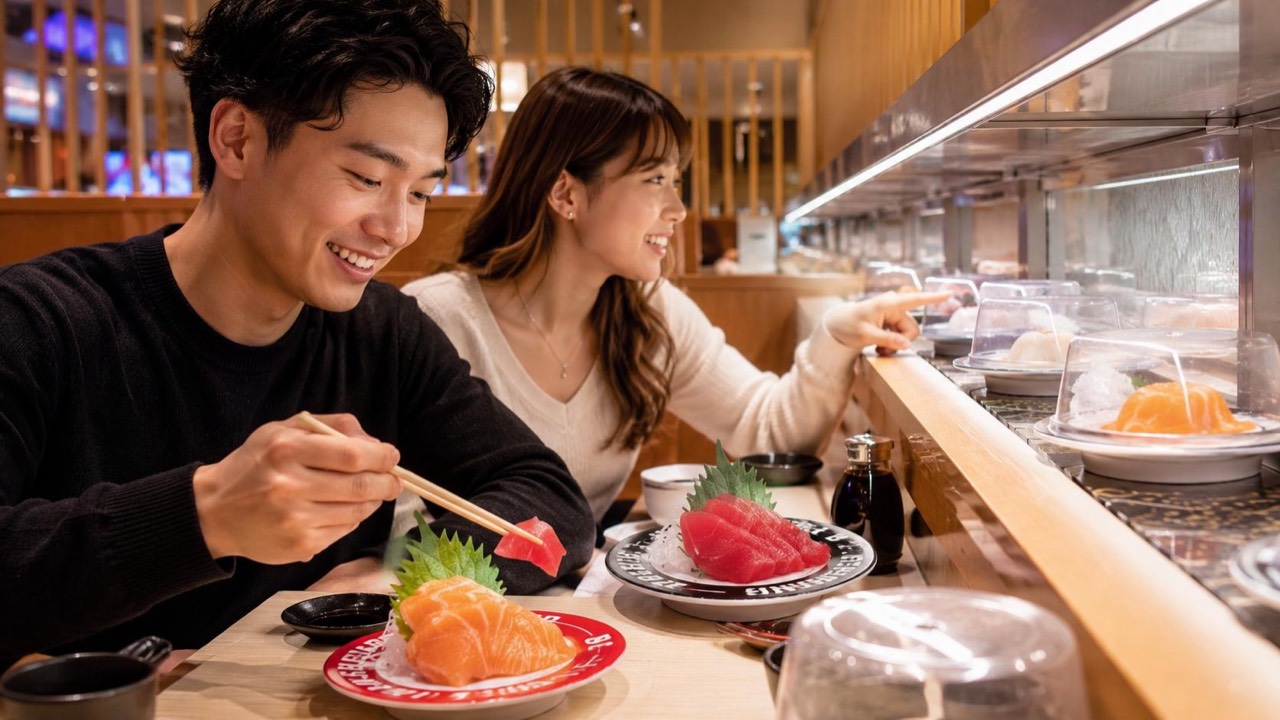Young couple in counter seats reaching for plates along the sushi conveyor belt at Makoto Staten Island