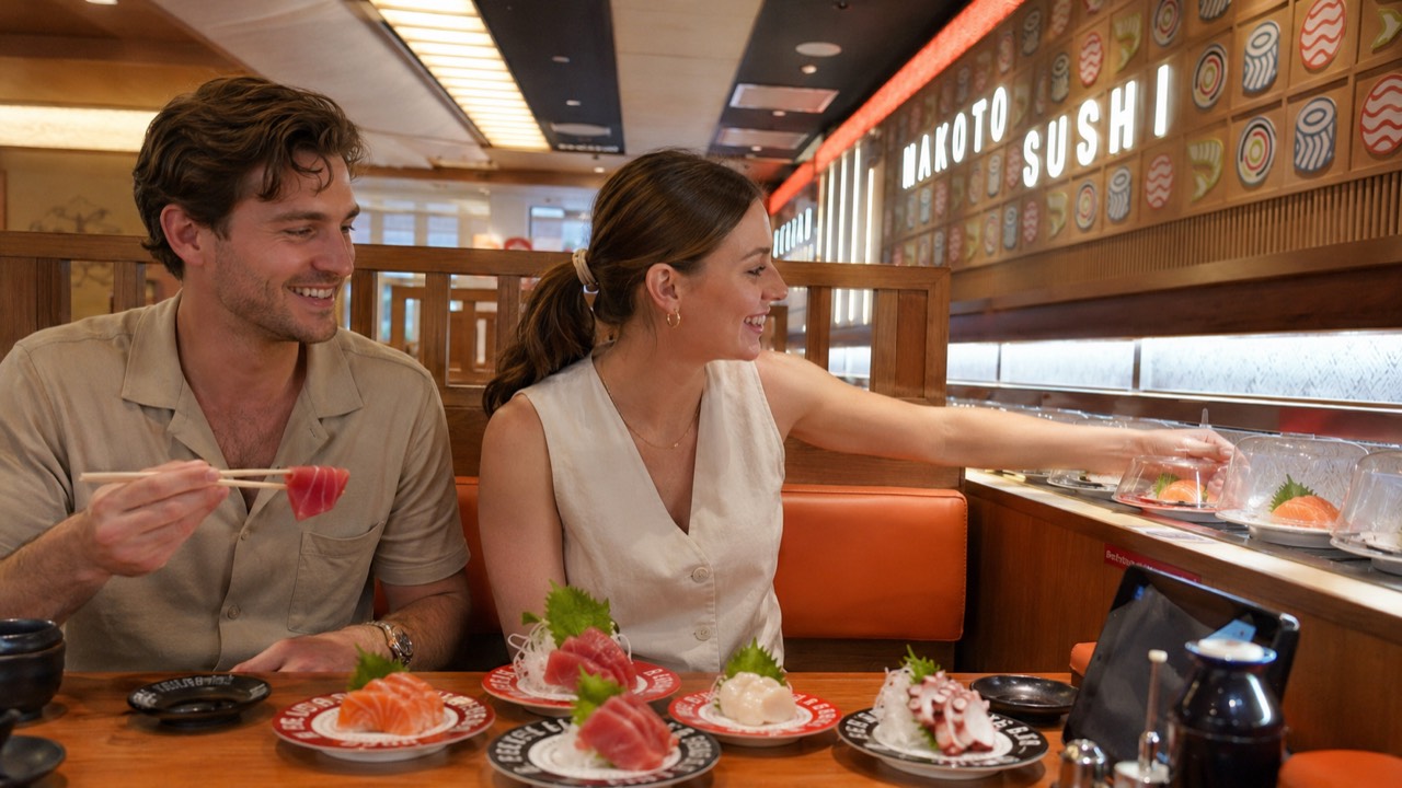 Couple picking sashimi plates off the conveyor belt under the Makoto Sushi sign in Staten Island