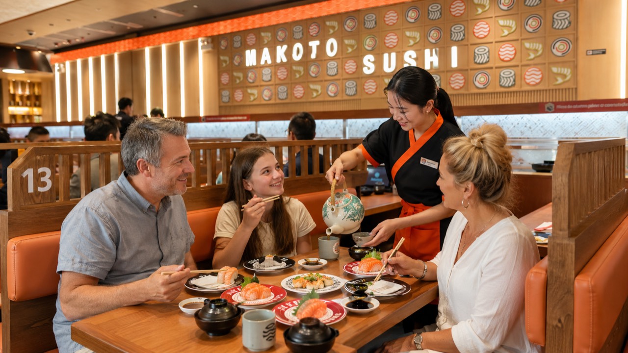 Server pouring hot green tea for a family enjoying sashimi in a booth at Makoto Staten Island