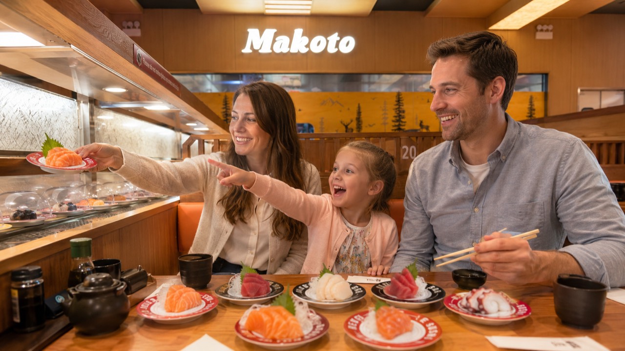 Family with young daughter excitedly reaching for a salmon sashimi plate on the conveyor belt at Makoto Staten Island