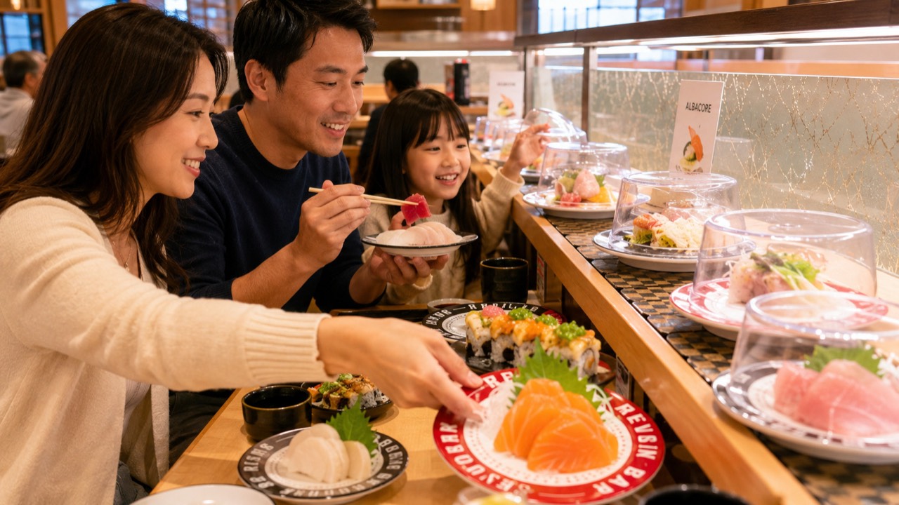 Family selecting sashimi plates from the conveyor belt by the albacore sign at Makoto Staten Island