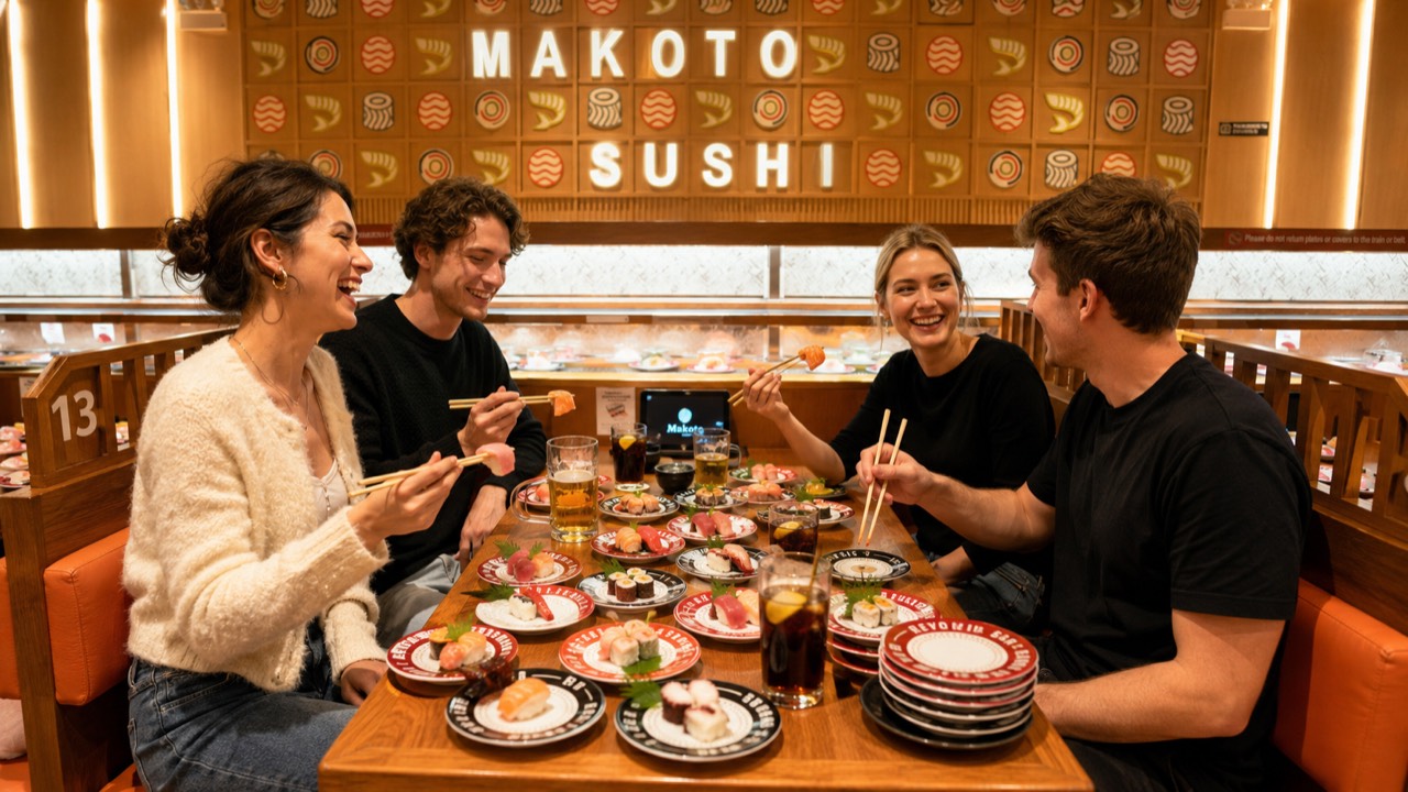 Four friends laughing in a booth surrounded by stacked plates of sushi at Makoto Staten Island