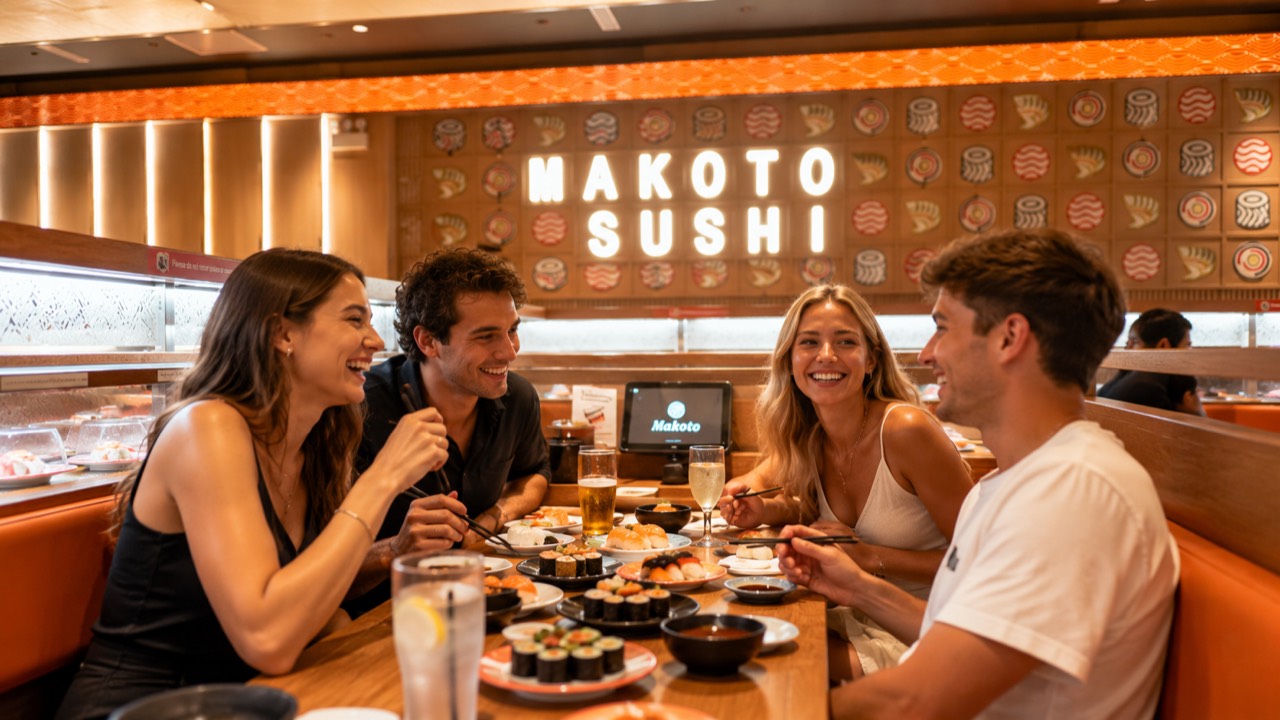 Four friends smiling together in a booth under the Makoto Sushi sign in Staten Island