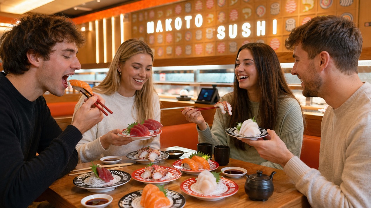 Two couples sharing platters of tuna and salmon sashimi at Makoto revolving sushi bar in Staten Island