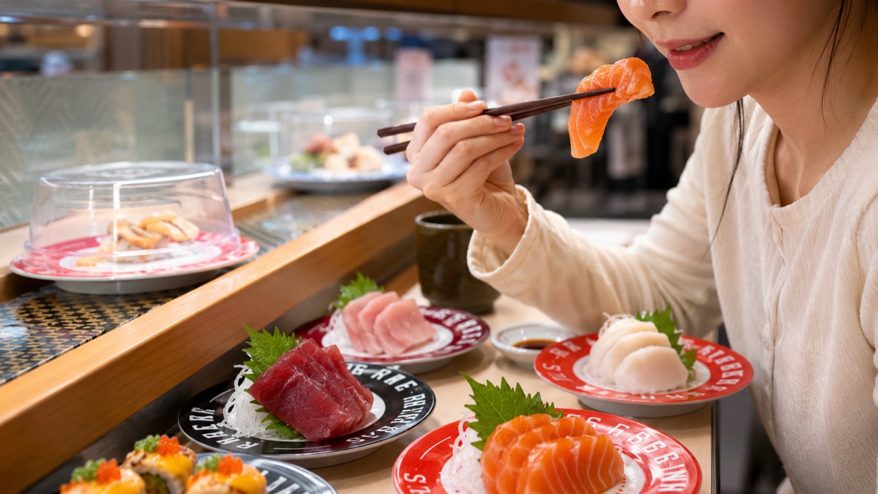 Close-up of a guest lifting buttery salmon sashimi with chopsticks at the Makoto sushi belt in Staten Island