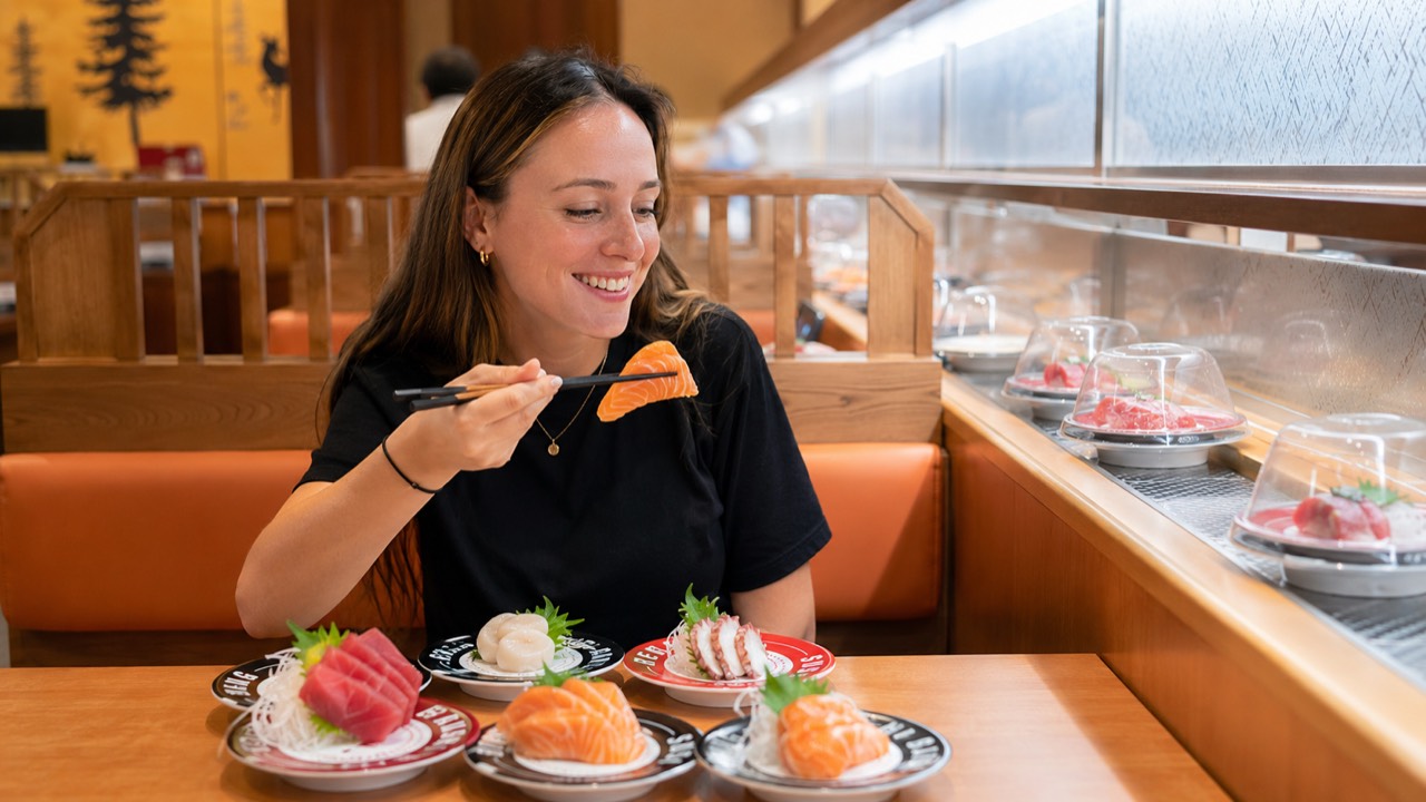 Smiling guest holding salmon sashimi with chopsticks beside plates of sashimi at Makoto Staten Island