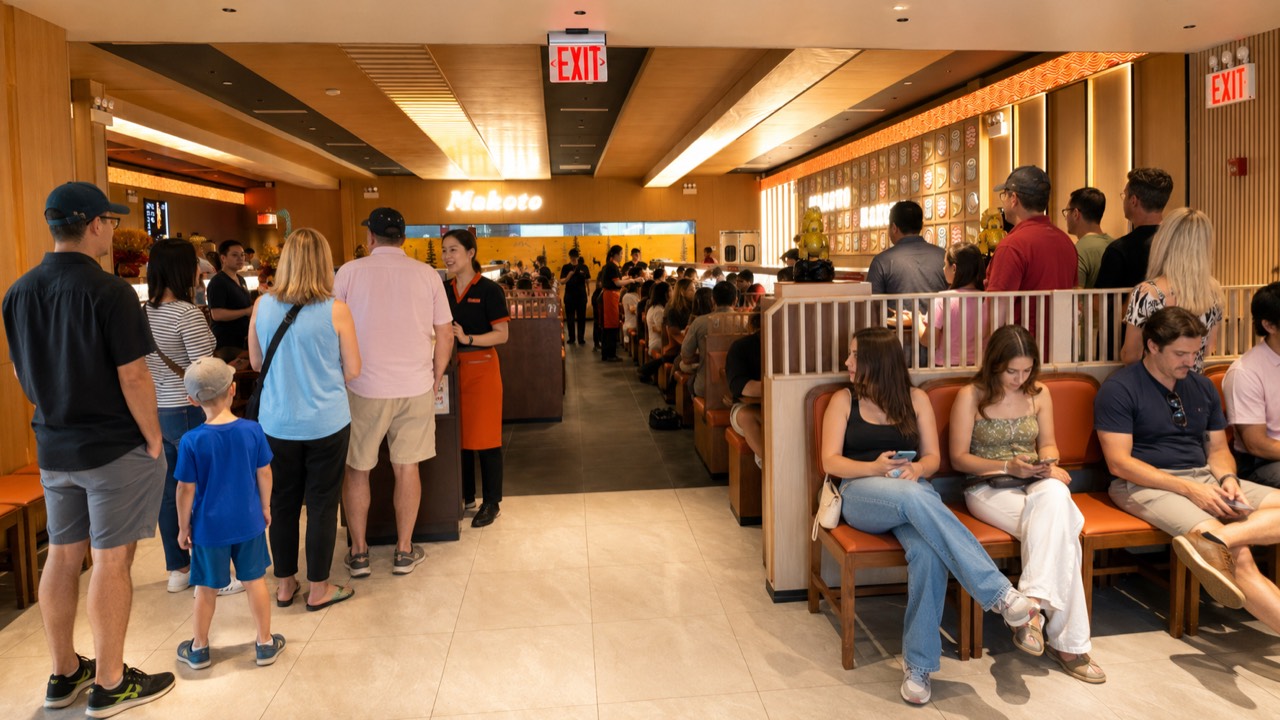 Guests waiting in line at the entrance and lounge of Makoto revolving sushi bar in Staten Island