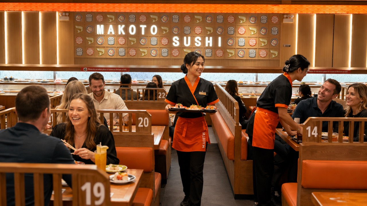 Friendly Makoto servers in orange aprons carrying plates between the booths in the Staten Island dining room